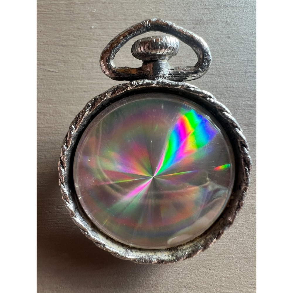 Vintage Retro Pocket Watch Brooch Iridescent Aurora Glass‎ Rainbow Statement Pin